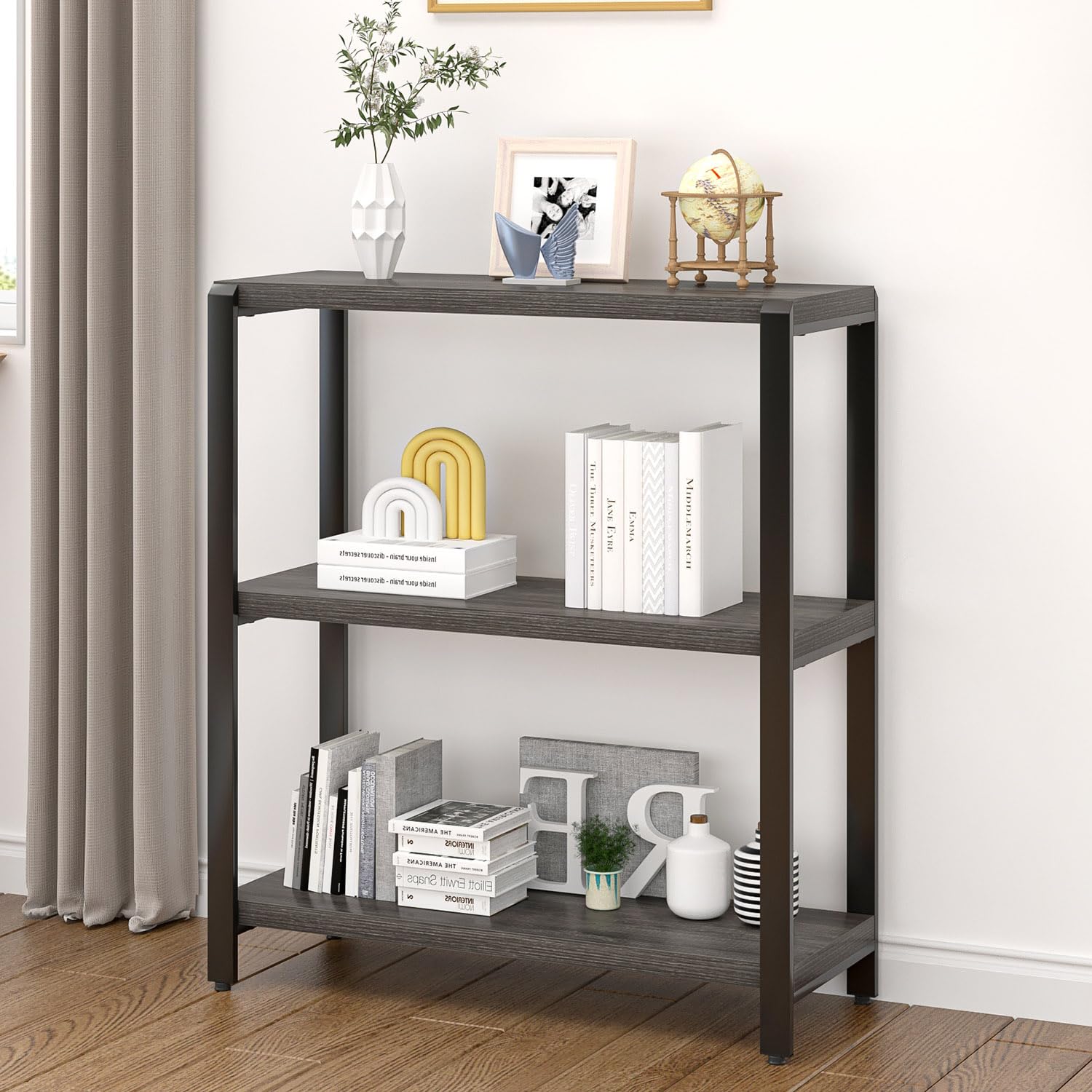 FOLUBAN Rustic Small Bookshelf and Bookcase, 3 Tier Low Short Book Shelf, Industrial Metal and Wood Book Case for Bedroom Living Room, Dark Gray