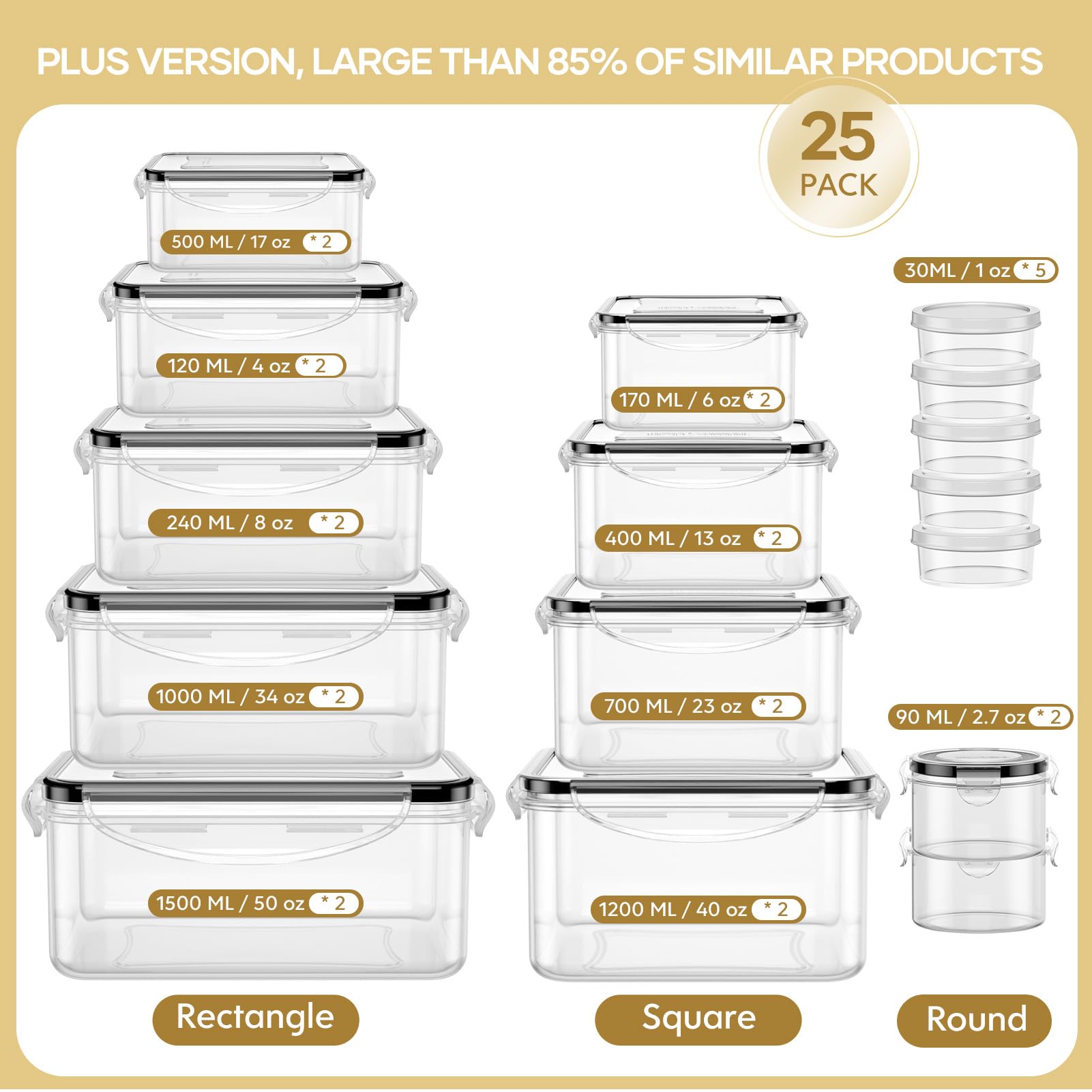 HOMETALL 50-Piece Food Storage Containers with Lids (25 Containers & 25 Lids), Airtight Reusable Meal Prep Containers for Lunch, Plastic Kitchen Storage Containers with Labels & Marker Pen