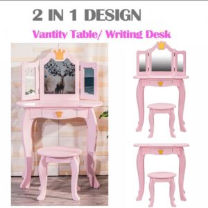 GIMMYFIVE Pretend Play Kids Vanity Set with Mirror and Stool,Kids Wooden Play Vanity Set with Vanity Table with Lights, Tri-Fold Mirror, Storage Drawer for Toddlers