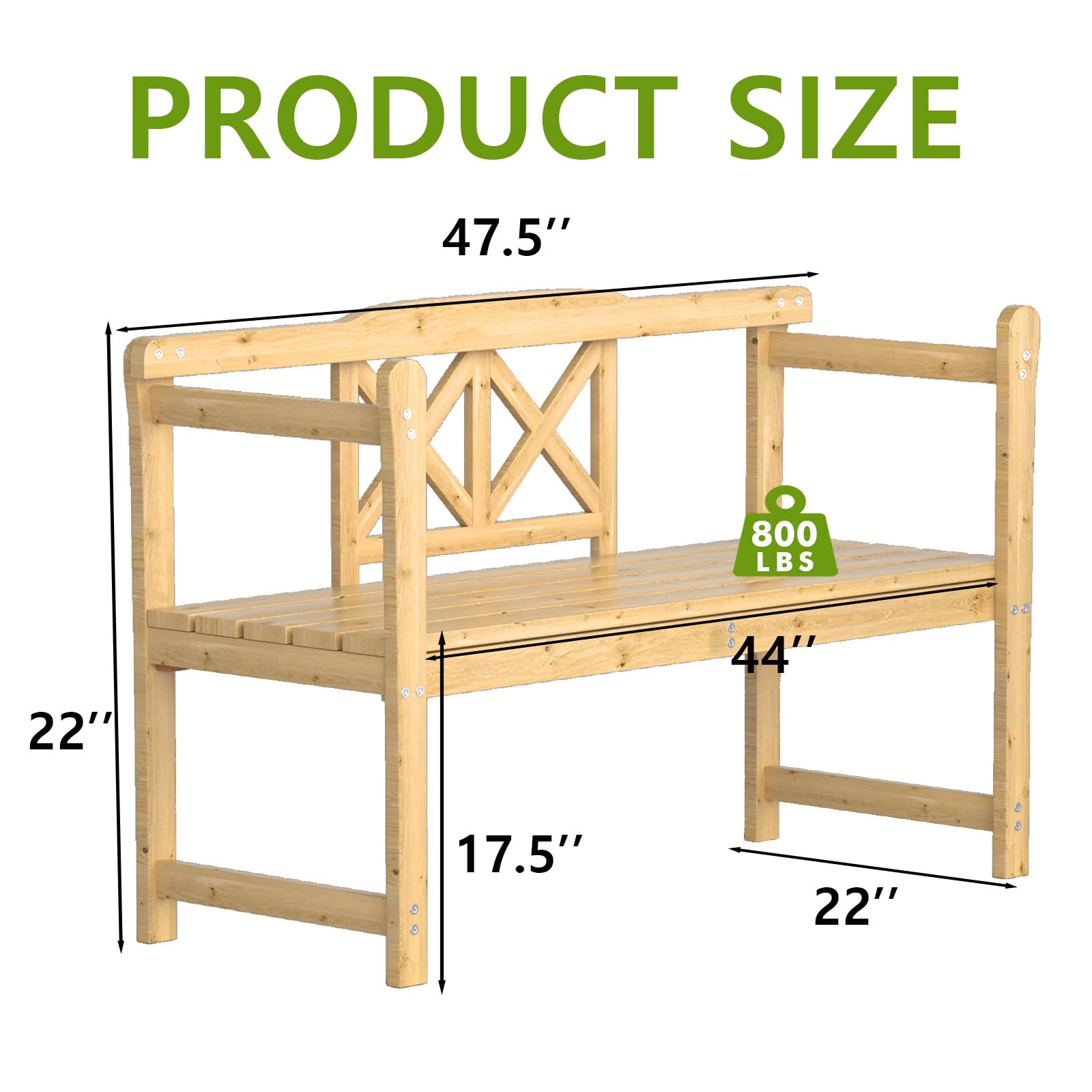 Outdoor Bench, 4 ft Patio Wooden Bench, Weatherproof Sturdy Wood Frame Garden Bench, 2-Person Loveseat with Armrests and Backrest, 800Lbs Weight Capacity, for Porch, Entryway - 22"D x 47.5"W x 34"H