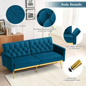 ACMEASE Velvet Sofa Bed w/Adjustable Armrests and Backrests, Modern Convertible Sleeper Sofa, Tufted Futon Sofa for Bedroom, Living Room, Apartment, Teal