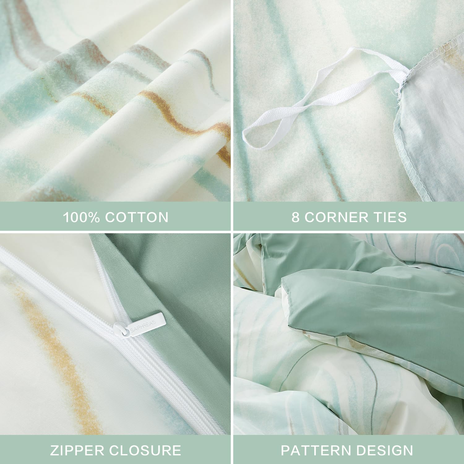 SAPHREAS Home Green Marble Pattern Duvet Cover Set Queen Size Tie-Dye Bedding Set 3 Pieces Soft Cotton 1 Duvet Cover with Zipper 2 Pillowshams