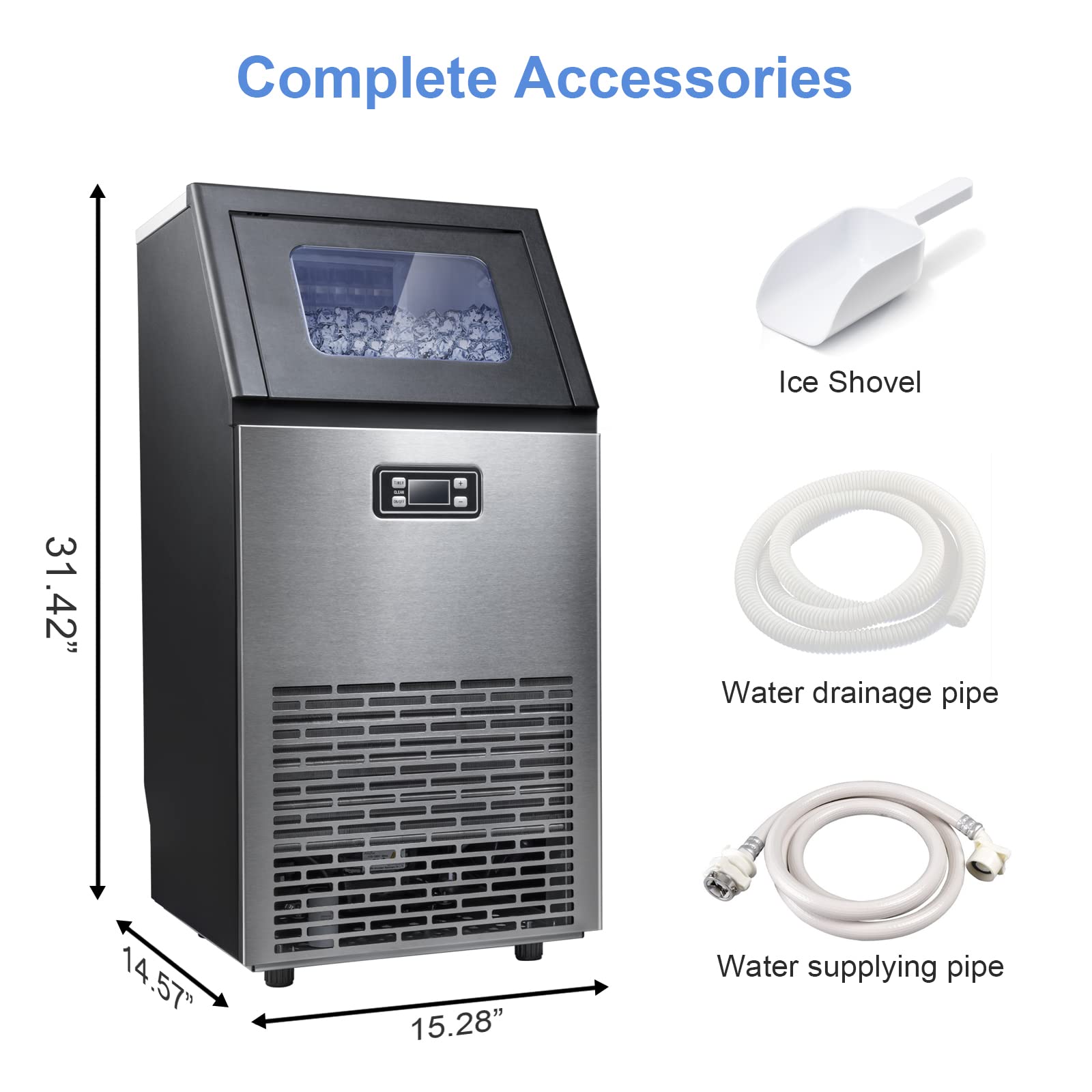 Kismile Commercial Ice Maker Machine,100Lbs/Day,45 Cubes/Batch in 11-20 Mins,Stainless Steel Freestanding Ice Maker with 2 Self-Cleaning,Water Inlet Modes for Home/Restaurant/Bar/Cafe