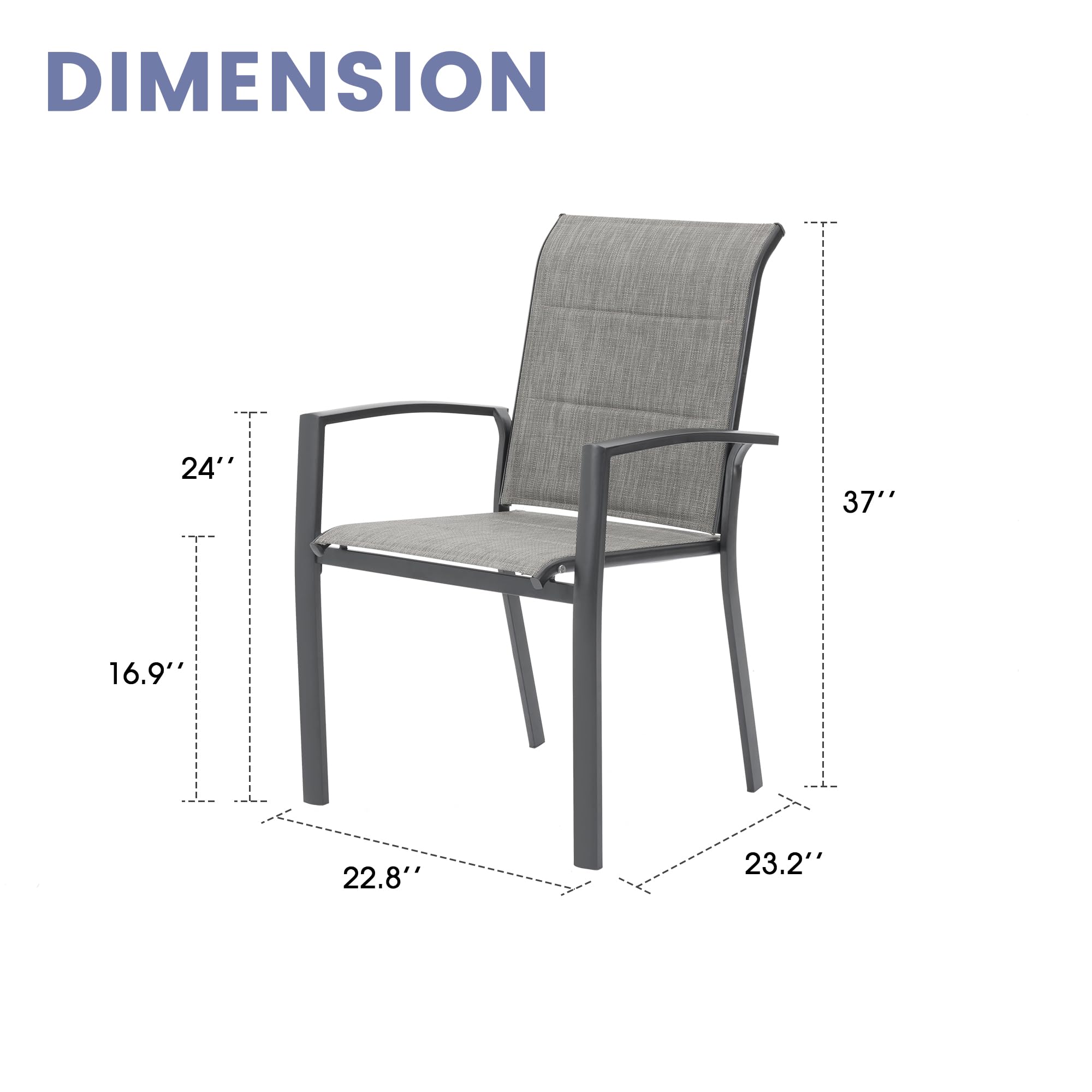 VICLLAX Patio Stackable Dining Chairs Set for 2, Outdoor Padded Metal Dining Chairs Lawn Chairs for Garden Yard Deck, Support 300 lbs, Dark Grey Frame & Grey Tone Fabric