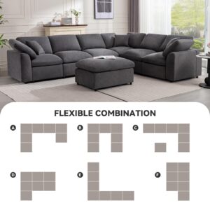 Siiejia Modular Sectional Sofa Modern Oversized Cloud Couch with Movable Ottoman 7 Seater L-Shaped Sofas Comfy Couches for Living Room Spacious Space Office Lounge, Dark Grey