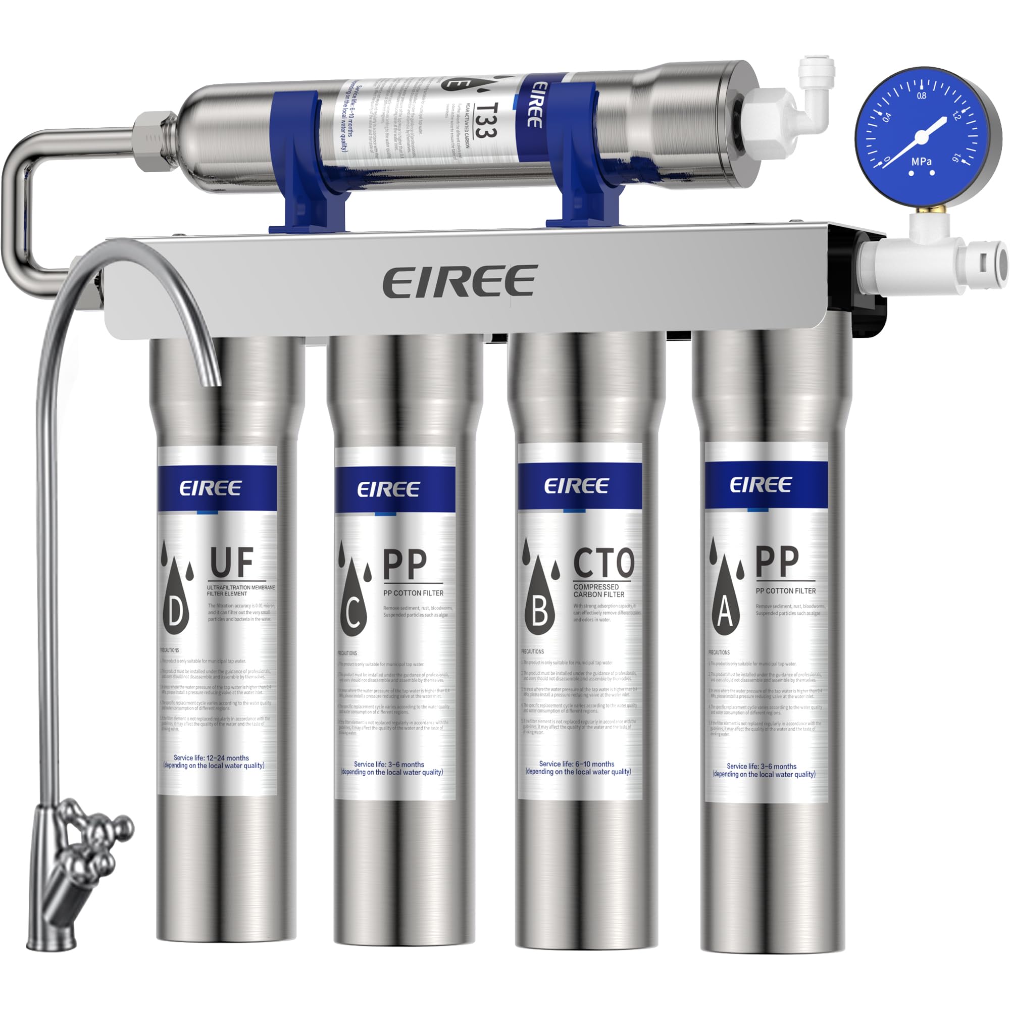 EIREE 0.01μm Ultra Filtration Mineral Water Purifier Under Sink Water Filter NSF/ANSI 42 Certified Remove 99.99% of Contąminants、Pb Hg Cd、Cadmium、Chlorine、Odor、Bad,Water Filter System（5-Stage）