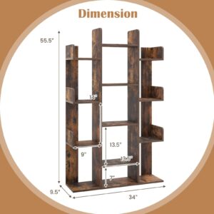 Giantex 7-Cube Tree Bookshelf, 55.5" Wooden Bookcase with 13 Open Shelves, Tall Corner Books Storage Organizer, Freestanding Decorative Display Cube Shelf for Living Room, Study (Rustic Brown)