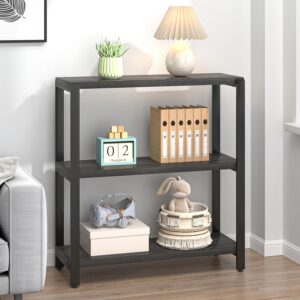 FOLUBAN Rustic Small Bookshelf and Bookcase, 3 Tier Low Short Book Shelf, Industrial Metal and Wood Book Case for Bedroom Living Room, Dark Gray