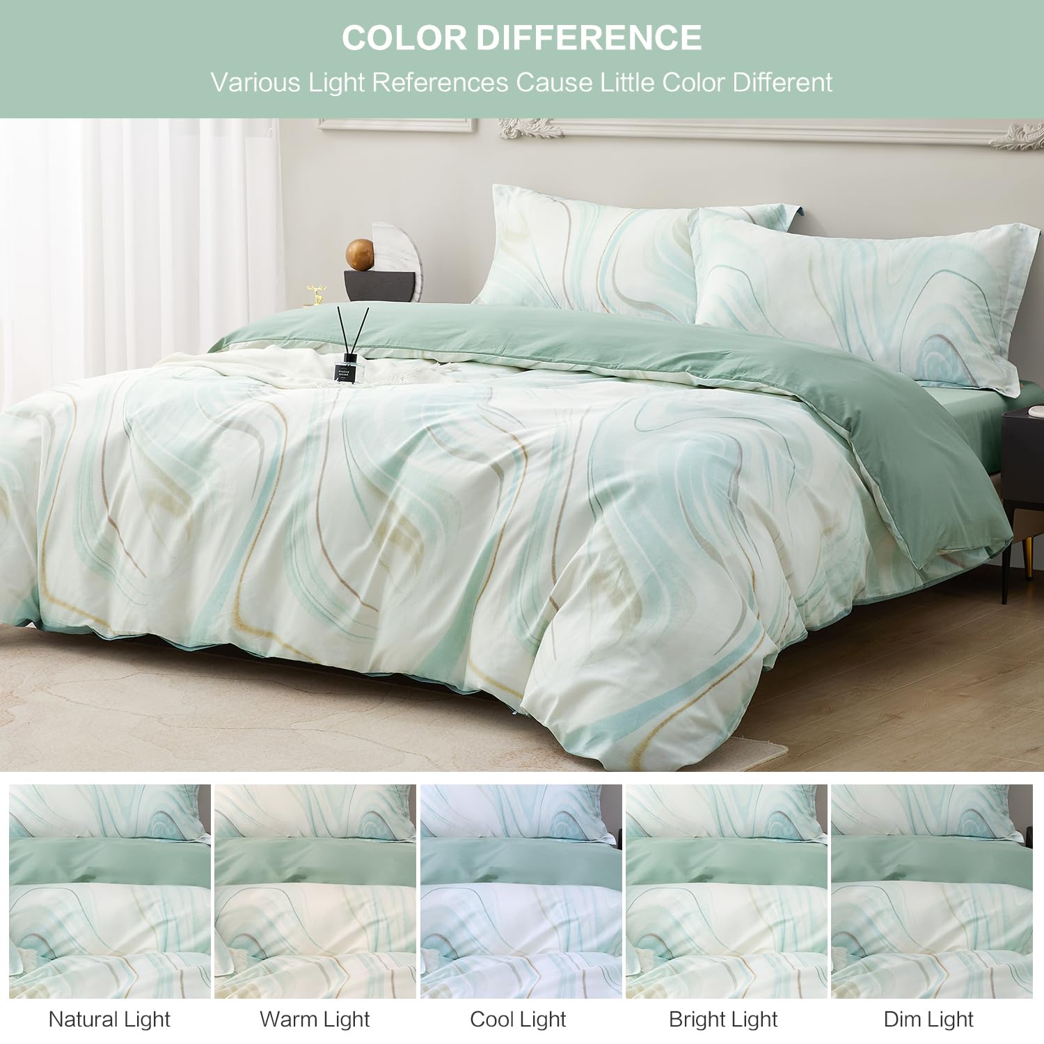 SAPHREAS Home Green Marble Pattern Duvet Cover Set Queen Size Tie-Dye Bedding Set 3 Pieces Soft Cotton 1 Duvet Cover with Zipper 2 Pillowshams