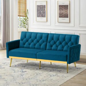 ACMEASE Velvet Sofa Bed w/Adjustable Armrests and Backrests, Modern Convertible Sleeper Sofa, Tufted Futon Sofa for Bedroom, Living Room, Apartment, Teal