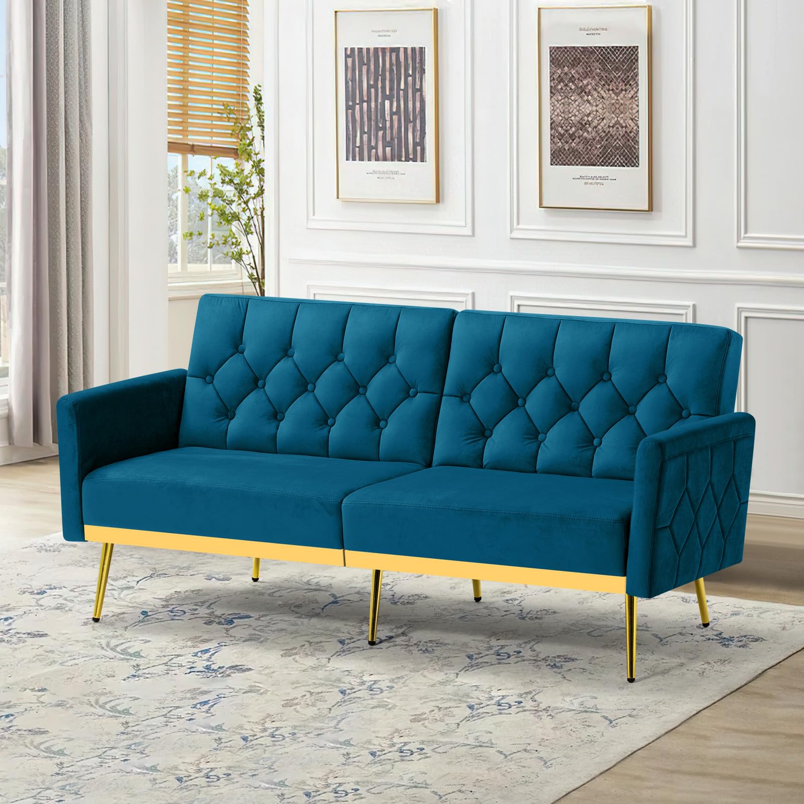 ACMEASE Velvet Sofa Bed w/Adjustable Armrests and Backrests, Modern Convertible Sleeper Sofa, Tufted Futon Sofa for Bedroom, Living Room, Apartment, Teal