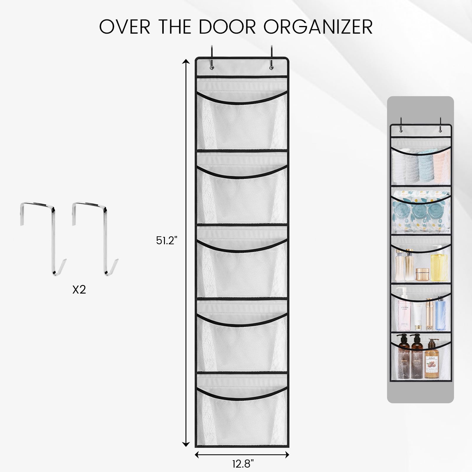 MCPINKY Over The Door Organizer, Hanging Shelves Back of Door Organizer Gray Hanging Storage Organizer 5 Pockets 1 Pack