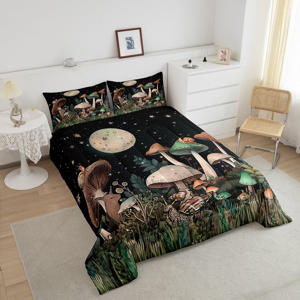 Feelyou Mushroom Comforter Twin Size for Boys Girls, Galaxy Star Mushroom Comforter Set Natural Wild Fungus Bedding Set Cute Mushroom Decor Duvet Set Durable Bed Set 2Pcs