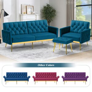 ACMEASE Velvet Sofa Bed w/Adjustable Armrests and Backrests, Modern Convertible Sleeper Sofa, Tufted Futon Sofa for Bedroom, Living Room, Apartment, Teal