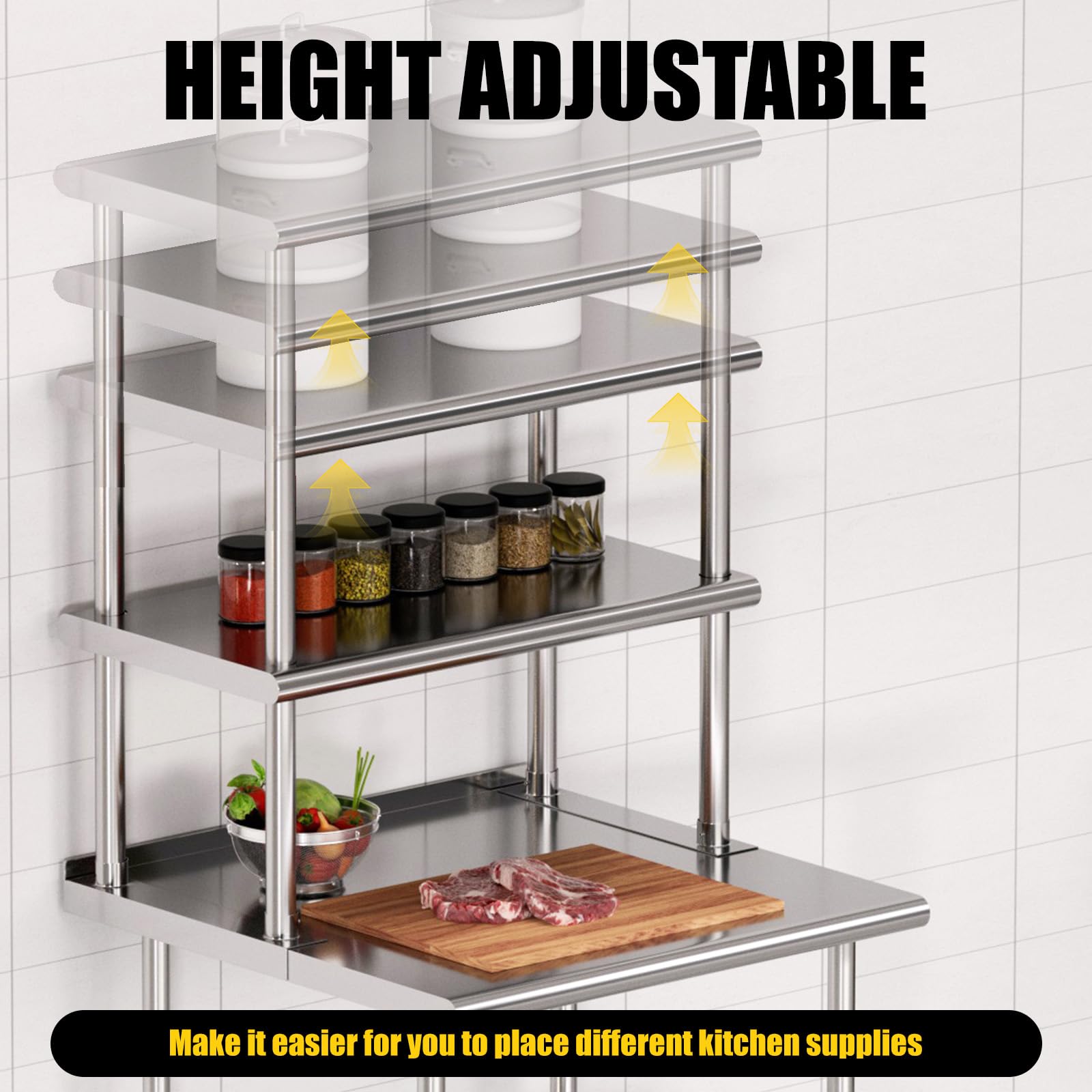 Chingoo Double Overshelf 2 Tier Stainless Steel Shelf 12 x 36 Inch, Weight Capacity 330lb for Prep & Work Table in Restaurant, Home and Kitchen