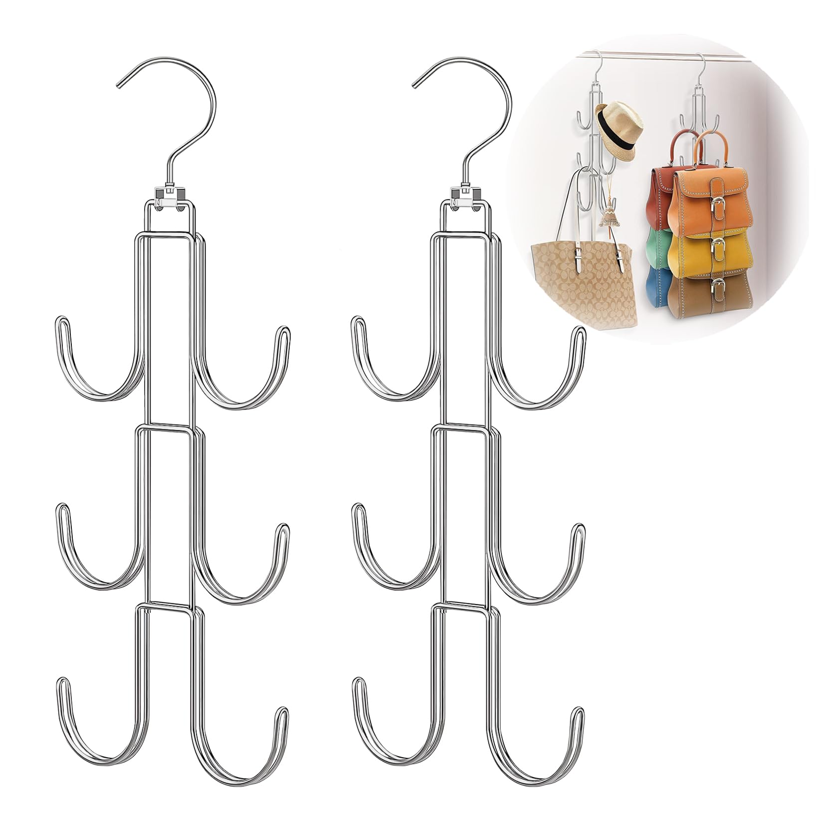 HOZOMT Belt Hanger for Closet,Tie Rack,Closet Belt Organizer for Men,Metal Hat Organizer,360°Rotating Purse Hanger Closet,6 Hooks Travel Hangers Space Saving,Hanging Storage for Bag,Scarf,Wig (2 Pack)