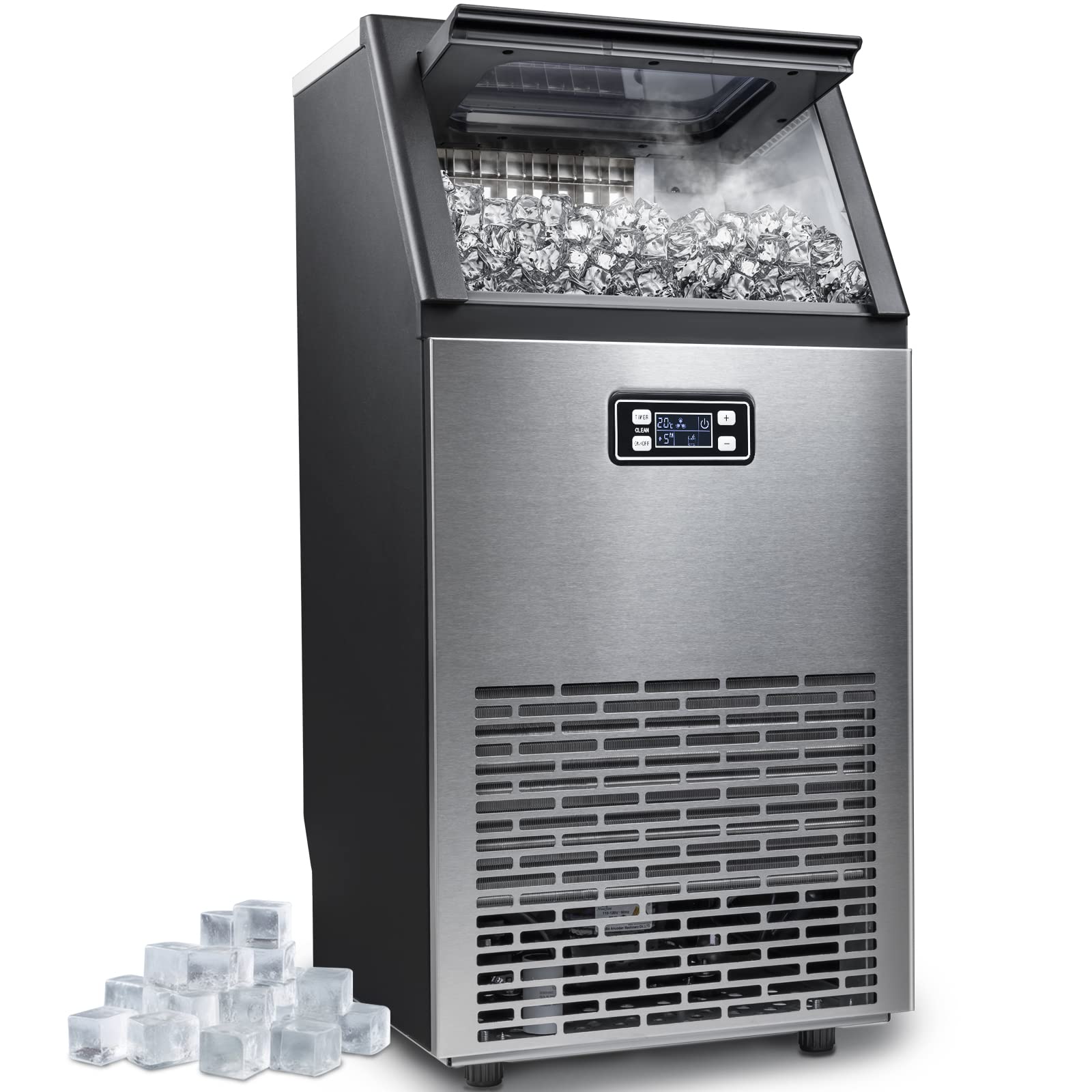 Kismile Commercial Ice Maker Machine,100Lbs/Day,45 Cubes/Batch in 11-20 Mins,Stainless Steel Freestanding Ice Maker with 2 Self-Cleaning,Water Inlet Modes for Home/Restaurant/Bar/Cafe