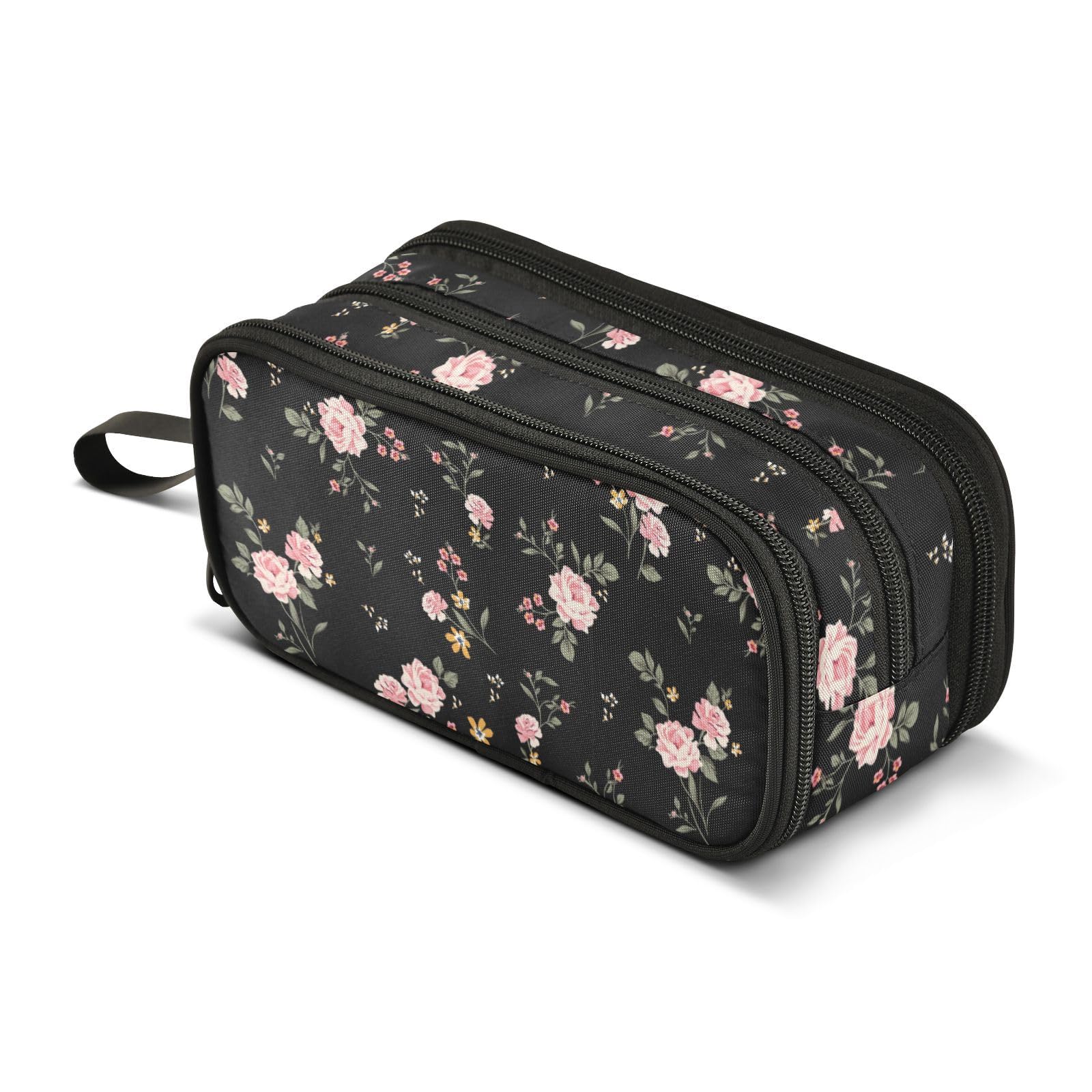 Pencil Case Big Capacity for Girl Boy Rose Floral Pink Flower Black Student Pencil bag Pen Pouch Large Stationery 3 Compartments Zippers Organizer School College Office Teens Adults