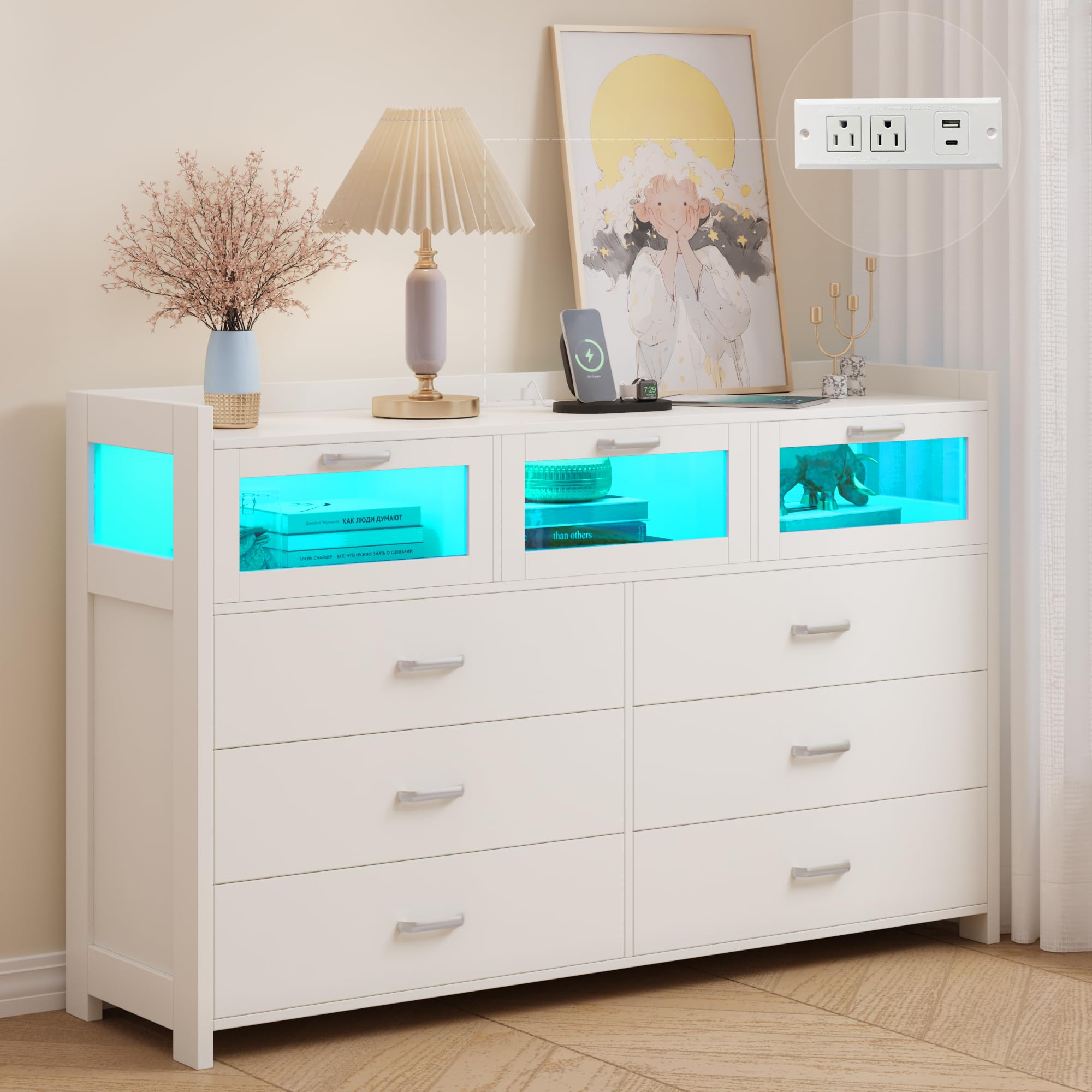 Whalefall White Dresser for Bedroom with 9 Drawers, Chests of Drawers with LED Lights and Charging Station, Modern Dresser with 3 Visual Drawers, Wood Wide LED Dresser for Bedroom, Closet,Entryway