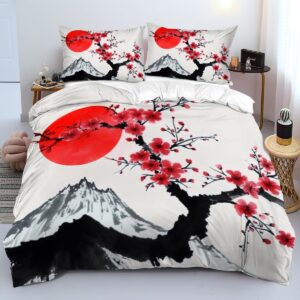 CCoutueChen Japanese Cherry Duvet Cover Queen Size, Blossom Botanical Floral Comforter Cover, Abstract Fuji Mountain Bedding Set, Soft and Breathable with Zipper Closure & Corner Ties