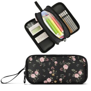 Pencil Case Big Capacity for Girl Boy Rose Floral Pink Flower Black Student Pencil bag Pen Pouch Large Stationery 3 Compartments Zippers Organizer School College Office Teens Adults