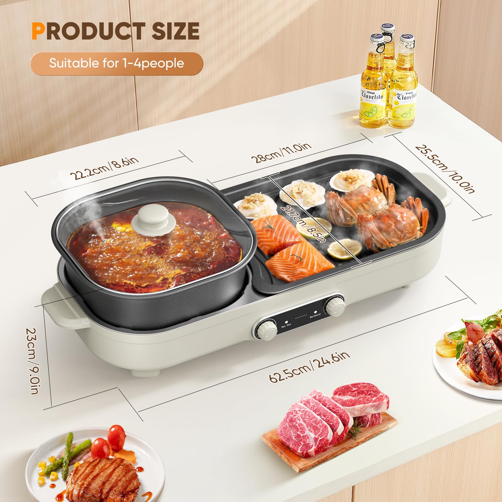 Hot Pot Electric with Grill - Korean BBQ Grill Indoor and Shabu Shabu Pot, Removable Hotpot Pot & KBBQ Grill,- Non-Stick, Adjustable Temperature, Family Size