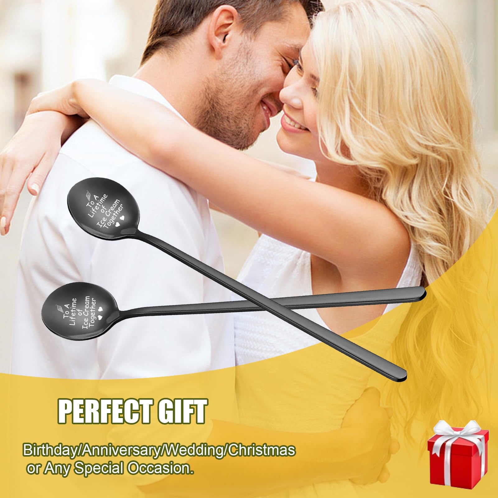 To A Lifetime of Ice Cream Together Gifts For Couple, 2PCS Spoon Christmas Wedding Gifts For Couple,Anniversary Birthday Valentine’s Day Gifts For Lover,Unique Wedding Engagement Gifts (BLACK)