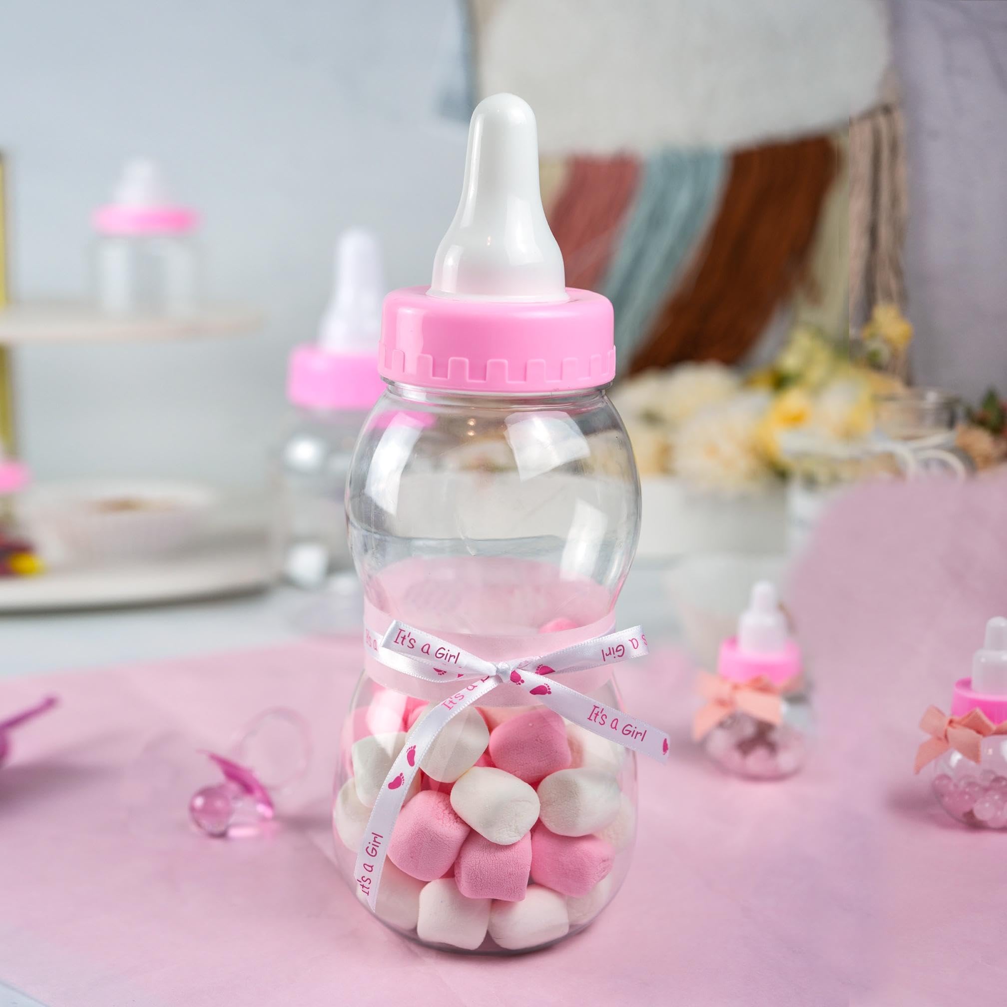 Jumbo Fillable Baby Shower Bank, 10.5" Pink Plastic Baby Bottle Favor Centerpiece