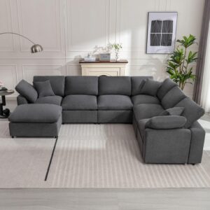 Siiejia Modular Sectional Sofa Modern Oversized Cloud Couch with Movable Ottoman 7 Seater L-Shaped Sofas Comfy Couches for Living Room Spacious Space Office Lounge, Dark Grey