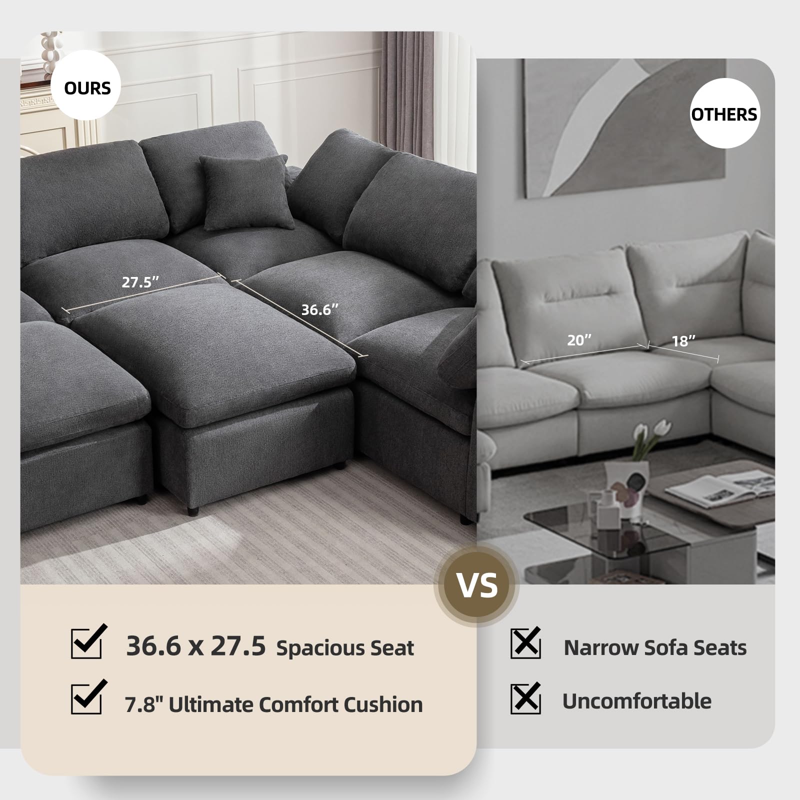 Siiejia Modular Sectional Sofa Modern Oversized Cloud Couch with Movable Ottoman 7 Seater L-Shaped Sofas Comfy Couches for Living Room Spacious Space Office Lounge, Dark Grey