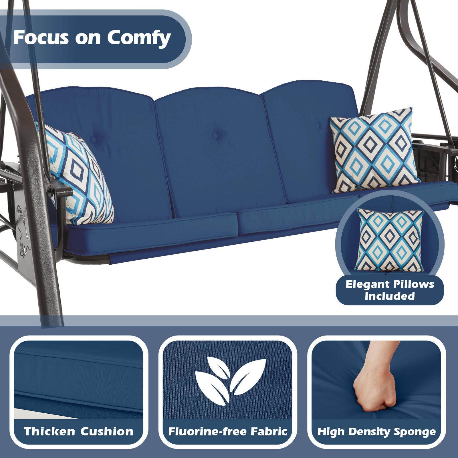 ZZW 3-Seat Outdoor Porch Swing with Stand, Patio Swing with Canopy, 2 in 1 Porch Swing Bed & Patio Swing Chair for Adult, Yard Swing w/Extra Pillows and Cup Holder (Blue)