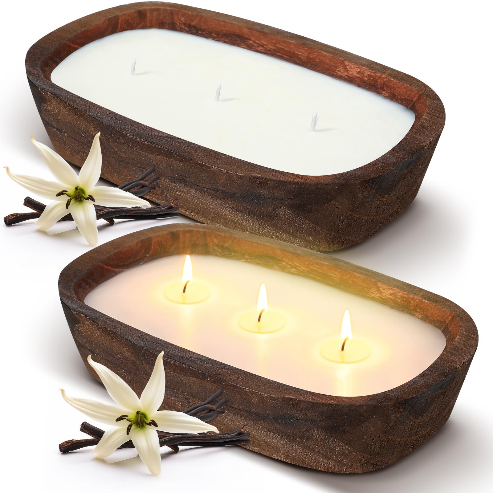 Threlaco 2 Pack Wood Dough Bowl Candle 10 Inch Christmas Candle Decorative 3 Wick Scented Candles Soy Xmas Gifts for Men Women Farmhouse Table Centerpiece Home Decor(Vanilla)