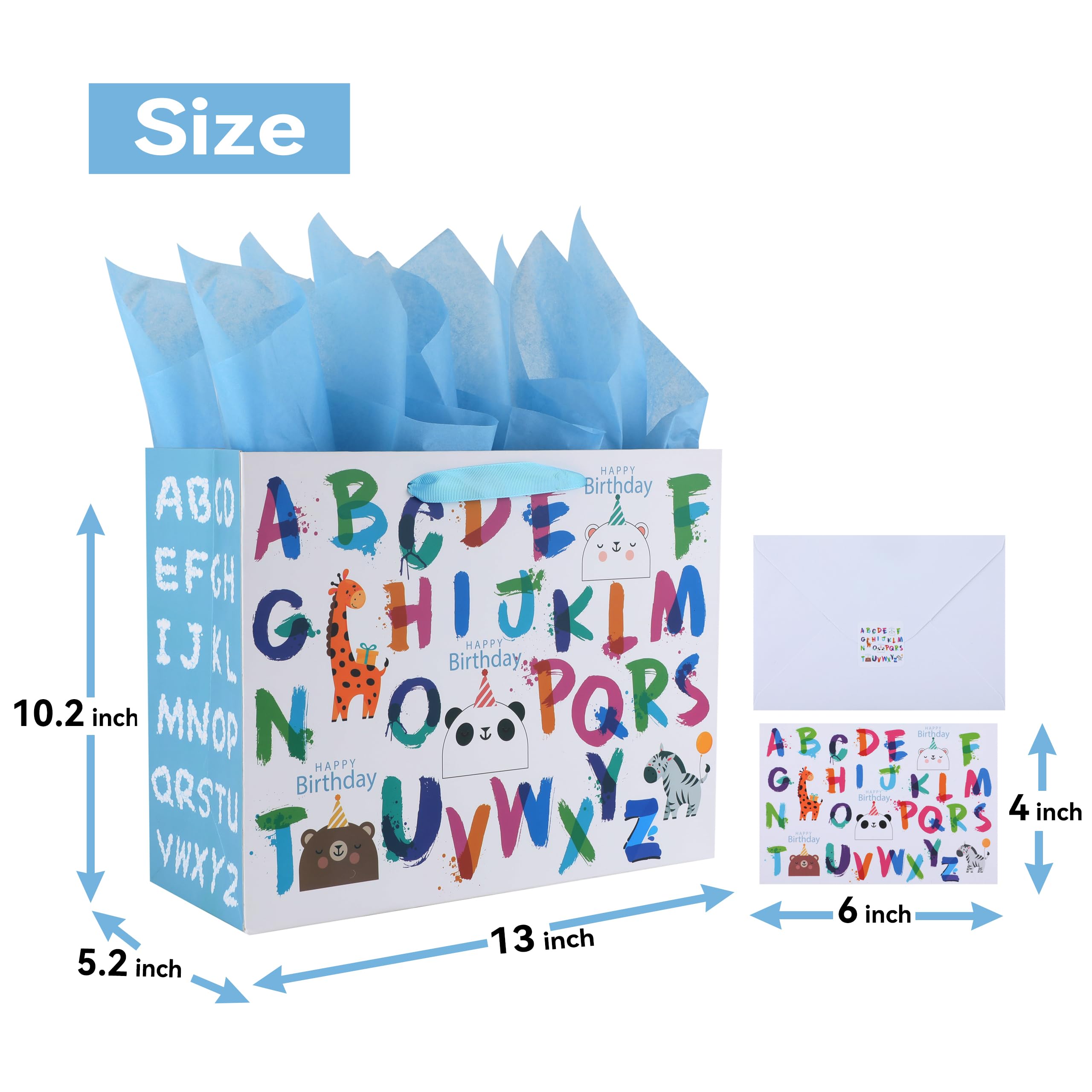 13" Large White Gift Bag Set with Greeting Card and Tissue Papers (Alphabet Design) for Boys’, Girls', or Kids' Party, Baby Showers, Baby Girl, Baby Boy, Newborn, New Moms or Parents - 10.2” x 5.2” x 13”, 1 Pcs.