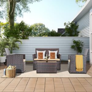 HYDRAGARDEN 4 Piece Patio Furniture Set, Outdoor Wicker Conversation Sets with Cushion, Rattan Sofa Chair for Backyard Lawn Garden (Brown Wicker/Brown Cushion)