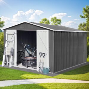 dhpm outdoor sheds 10ft x 8ft & outdoor storage clearance, metal anti-corrosion utility tool house with lockable door & shutter vents, waterproof storage garden shed for backyard lawn patio