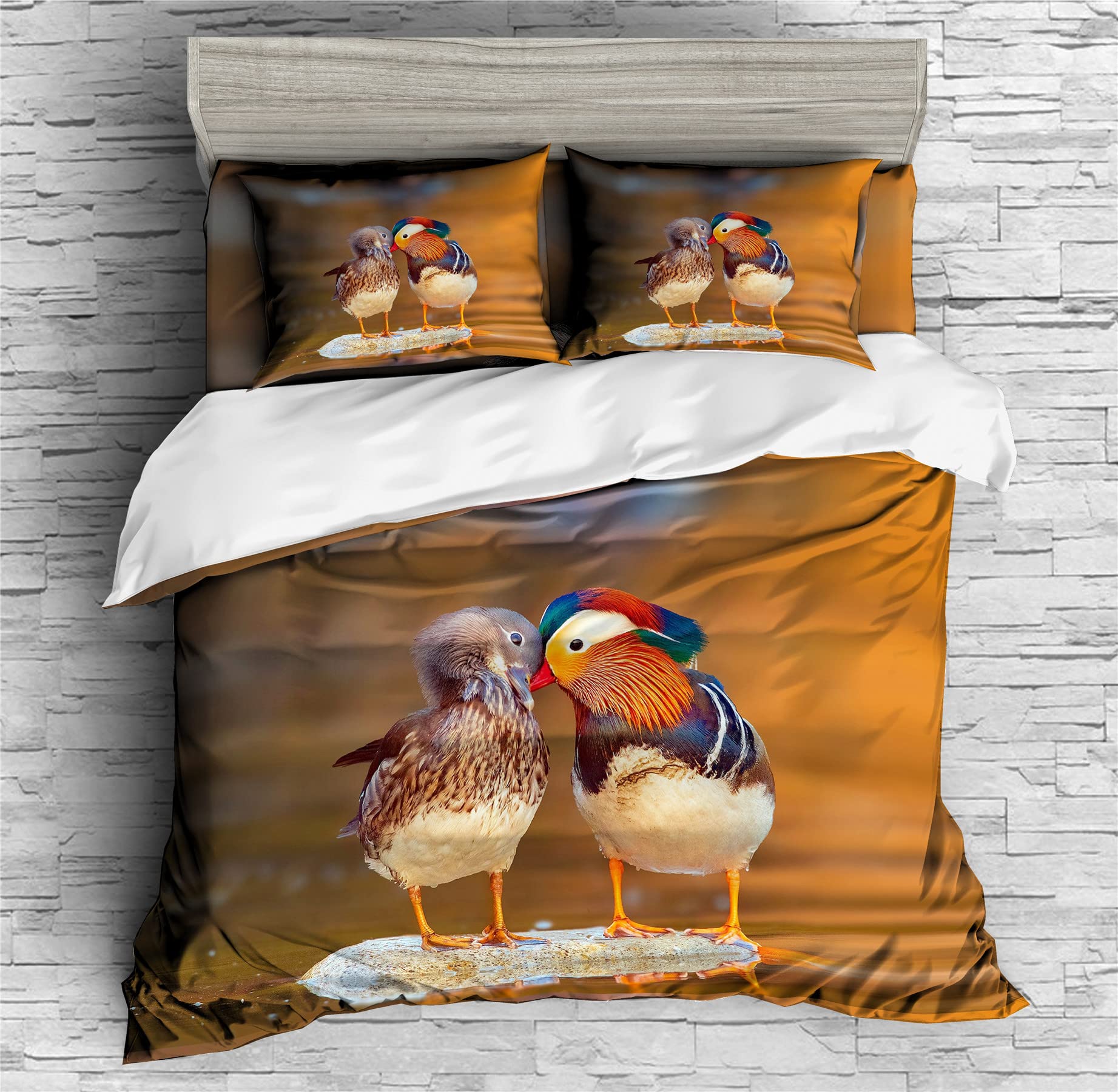 Boasorte Romantic Mandarin Duck Prints Duvet Cover Set | Wildlife Elegant Waterfowl Love Symbol Design Bedding Set | with Soft Duvet Cover+2 Pillow Shams(3pcs) or Sheet (4pcs) (B,Twin-4PCS)