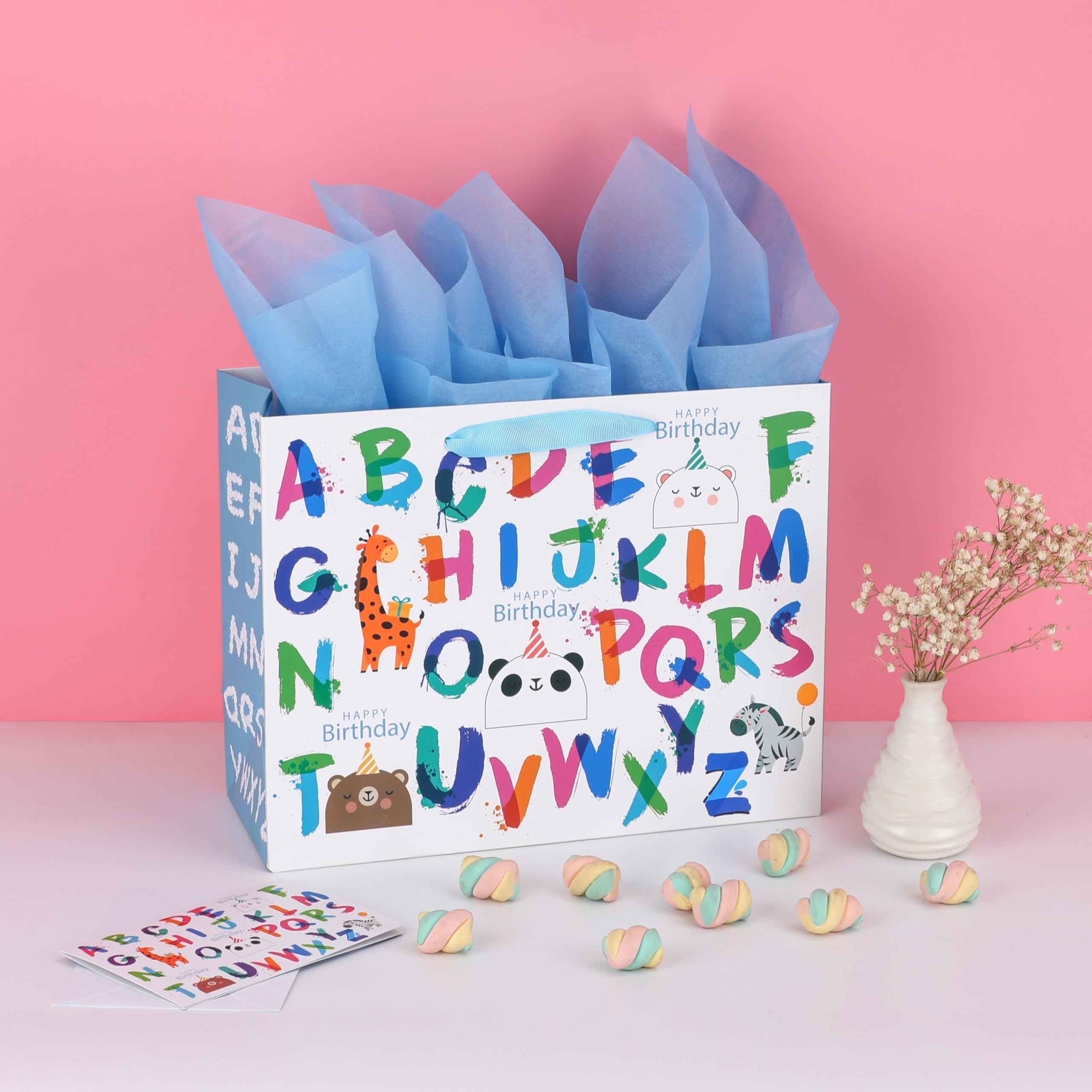 13" Large White Gift Bag Set with Greeting Card and Tissue Papers (Alphabet Design) for Boys’, Girls', or Kids' Party, Baby Showers, Baby Girl, Baby Boy, Newborn, New Moms or Parents - 10.2” x 5.2” x 13”, 1 Pcs.