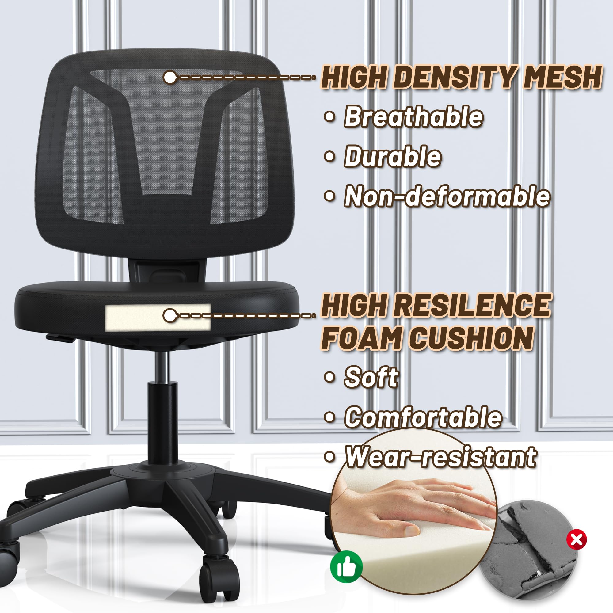 TTD TIANTIANDA Armless Swivel Mesh Computer Office Desk Chair Height Adjustable with Lumber Support for Small Spaces, Black