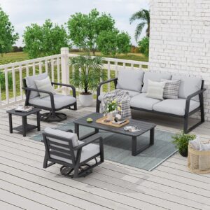 sugold outdoor aluminum patio furniture set 5 piece, swivel rocking chairs, all weather outdoor aluminum sofa, patio bistro set for patio, porch, deck(silver gray)