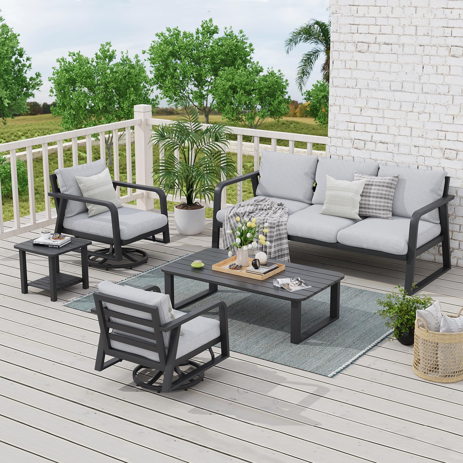 SUGOLD Outdoor Aluminum Patio Furniture Set 5 Piece, Swivel Rocking Chairs, All Weather Outdoor Aluminum Sofa, Patio Bistro Set for Patio, Porch, Deck(Silver Gray)