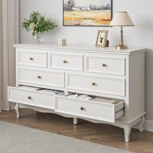 royalcraft white 7 drawer dresser for bedroom, modern chest of drawers with solid wood legs and painted finish, wooden storage closet cabinet organizer for living room, hallway