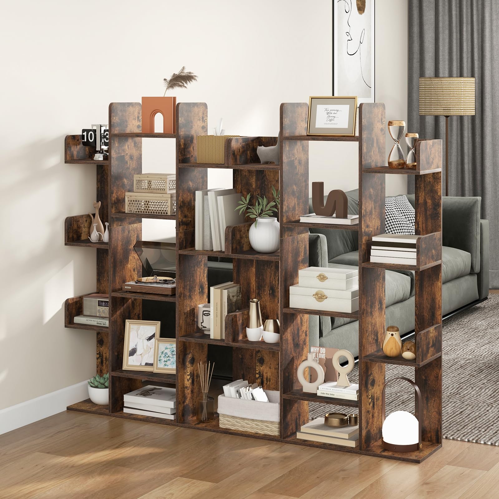 Giantex 7-Cube Tree Bookshelf, 55.5" Wooden Bookcase with 13 Open Shelves, Tall Corner Books Storage Organizer, Freestanding Decorative Display Cube Shelf for Living Room, Study (Rustic Brown)