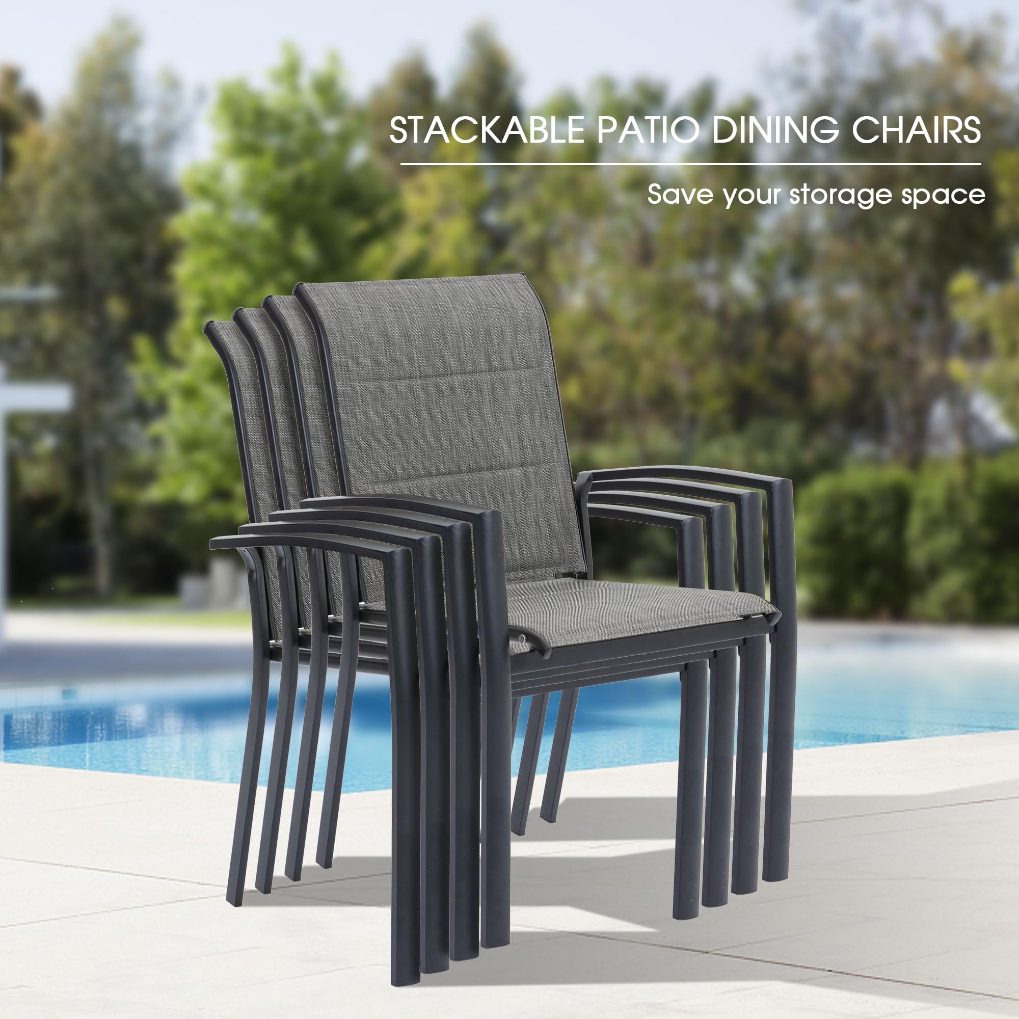 VICLLAX Patio Stackable Dining Chairs Set for 2, Outdoor Padded Metal Dining Chairs Lawn Chairs for Garden Yard Deck, Support 300 lbs, Dark Grey Frame & Grey Tone Fabric