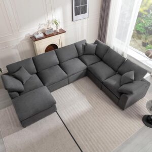 Siiejia Modular Sectional Sofa Modern Oversized Cloud Couch with Movable Ottoman 7 Seater L-Shaped Sofas Comfy Couches for Living Room Spacious Space Office Lounge, Dark Grey