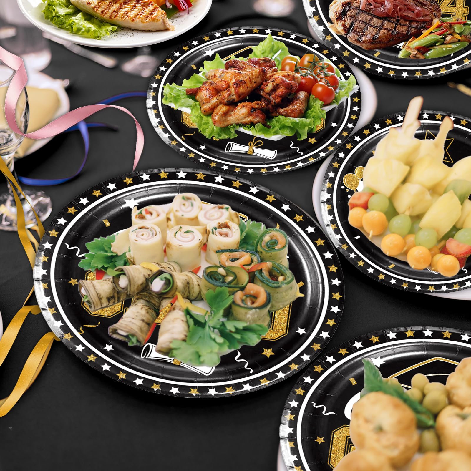 168PCS Graduation Party Decorations Dinnerware Set - Class of 2024 Decorations - Plates Napkins Cups Knife Fork Spoon(Black-Gold)