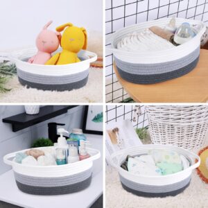 ABenkle Small Basket, 12"x 8" x 5" Cute Small Woven Basket, Rope Room Shelf Storage Basket, Cat Dog Toys Basket Chest Box, Decorative Empty Gift Basket with Handles - White & Grey & Dark Grey