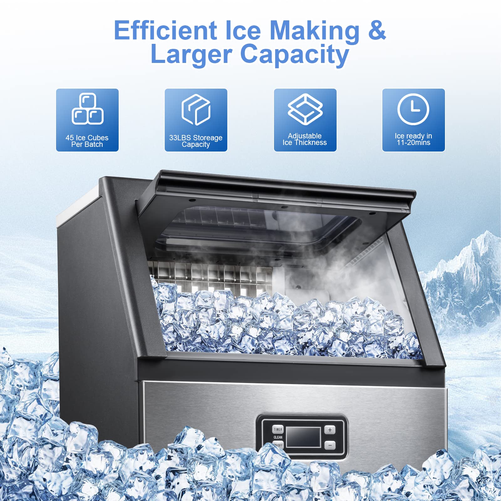 Kismile Commercial Ice Maker Machine,100Lbs/Day,45 Cubes/Batch in 11-20 Mins,Stainless Steel Freestanding Ice Maker with 2 Self-Cleaning,Water Inlet Modes for Home/Restaurant/Bar/Cafe