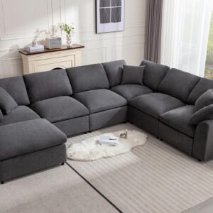 Siiejia Modular Sectional Sofa Modern Oversized Cloud Couch with Movable Ottoman 7 Seater L-Shaped Sofas Comfy Couches for Living Room Spacious Space Office Lounge, Dark Grey