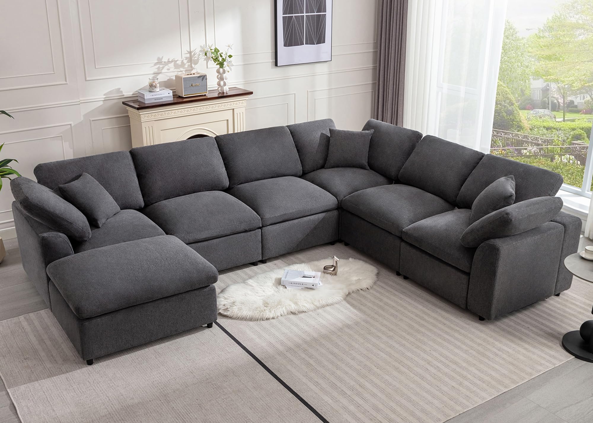 Siiejia Modular Sectional Sofa Modern Oversized Cloud Couch with Movable Ottoman 7 Seater L-Shaped Sofas Comfy Couches for Living Room Spacious Space Office Lounge, Dark Grey