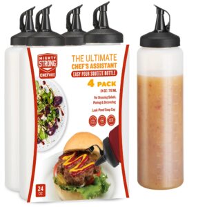 4 pack condiment squeeze bottles for sauces - 24 oz squirt bottles for liquids, easy pour sauce bottles with leak proof snap cap, condiment bottles, plastic squeeze bottles for liquids, ketchup, oil